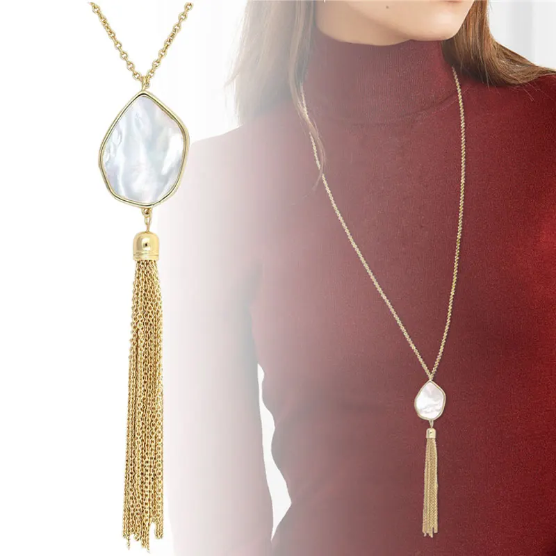 

New High quality fashion tassel pendant adjustable long chain necklace white shell necklace gilding plated chain ladies gift