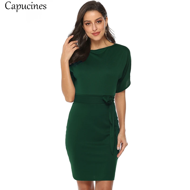 

Capucines Spring and Summer 2019 Leisure Pure Belt Women's Dress Round Neck Short Sleeve Knitted Split Bat Sleeve Mini Dress