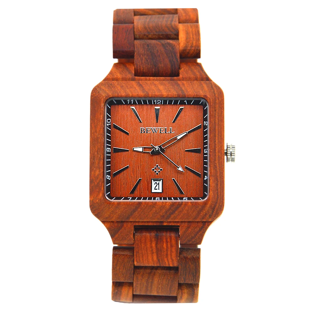 BEWELL Wood Watch Men Red Sandalwood orologio uomo Calendar Square Man Wooden Watches Quartz Wrist watch