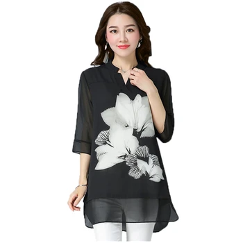 

2020 Summer Chiffon Blouse Women Tops Print V-Neck Seven Points sleeve Women Blouses Loose Plus size Fashion Shirt Ladies top