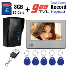 Venta al por mayor de intercomunicación Video del teléfono 7 pulgadas de pantalla táctil 8 GB tarjeta SD tarjeta RFID de Control remoto teclado IR cámara Video de la puerta campana