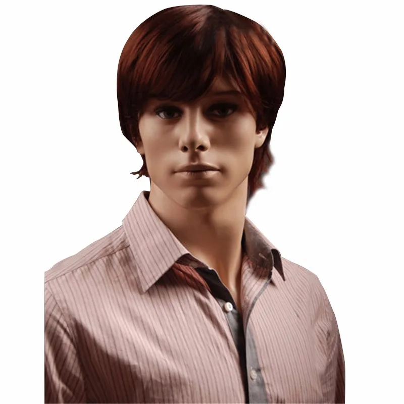 

NAWOMI Men Short Straight Hair 100% Kanekalon Synthetic Hair Wig Red Brown Male Medium Length Side Natural Oblique Bangs