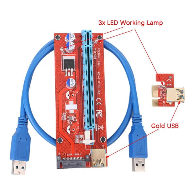 Переходная карта pci-e 008 Express 1X 4x 8x 16x Extender золотое покрытие с 3 светодиодный PCI E USB 3,0 кабель адаптера SATA 15pin для BTC