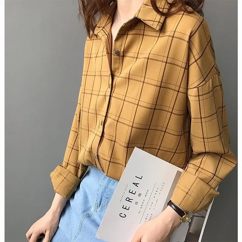 

Chic Retro Plaid Japan Style Shirts Women Fashion Long Sleeve Fall Lazy Blouse Women Loose Leisure Twotwinstyle Camisas Mujer