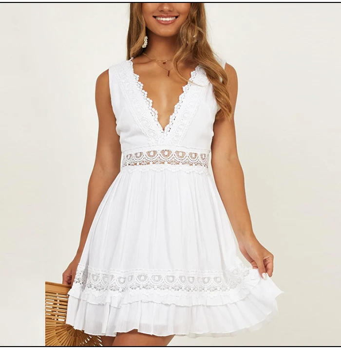 SINRGAN Женщины Белое Кружевное Платье с Вышивками Без Рукавов Мини Платье Глубокий V с открытой Спиной Пляжные Платья Vestidos