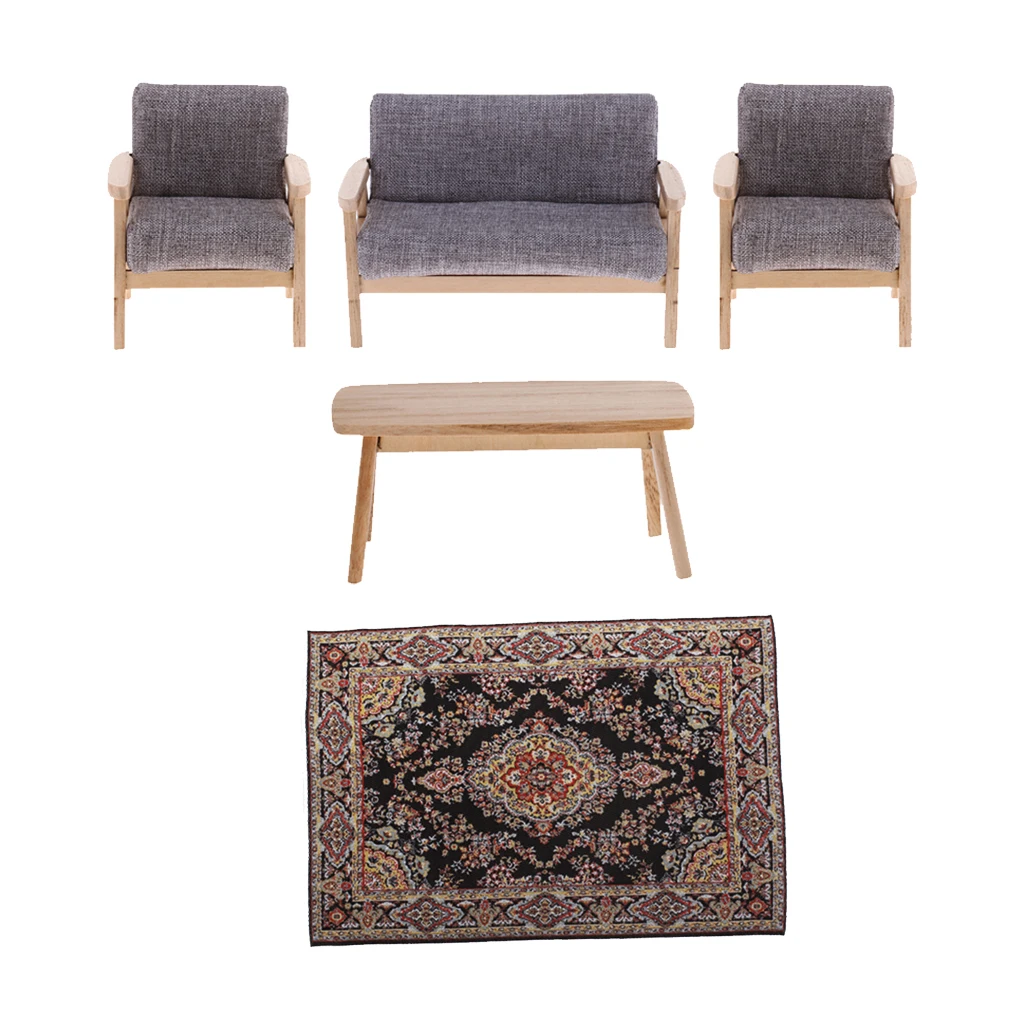  5 Pieces 1/12 Dollhouse Living Room Furniture Set Miniature Wooden End Table, Single Sofa Chair, Double Sofa Chair and Carpet