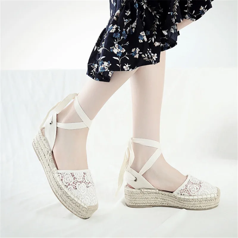 Summer Black Striped Wedge Espadrilles Women Sandals Closed Toe Lace Gladiator Sandal Women Casual Lace Up Women Platform Sandal (1)