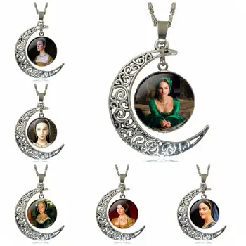

Anne Boleyn For Women Wedding Gift Necklace With Silver Plated Glass Cabochon Crescent Moon Shaped Choker Long Pendant Necklace
