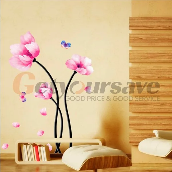 DIY Pink Peach Flower (Lotus Flower)2 Butterfly Art Mural Vinyl Wall Sticker Decal Home Decor 70 cm x 50 Large | Дом и сад