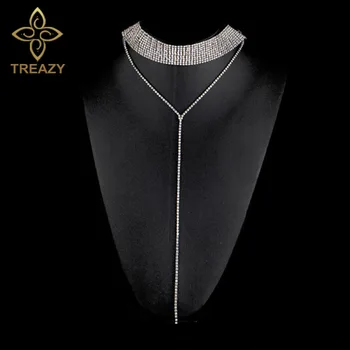 

TREAZY Sexy Multi Row Full Rhinestone Crystal Long Tassel Necklace for Women Statement Choker Necklace Wedding Prom Jewelry Gift