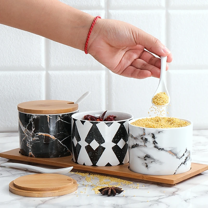  3 pcs ceramic kitchen cruet set spice jar with bamboo lid and tray kitchen supplies spice jar condi - 32996556937