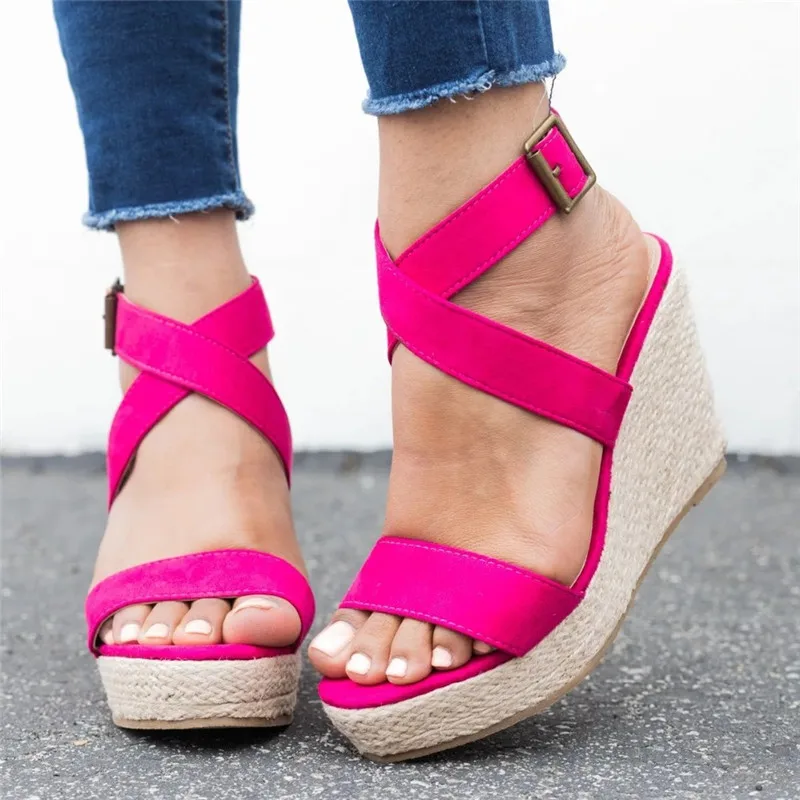 Leopard Wedge Sandals Summer Peep Toe Flock Buckle Strap Women Platform Espadrilles Sandal Plus Size 43 High Heels Shoes Female  (8)