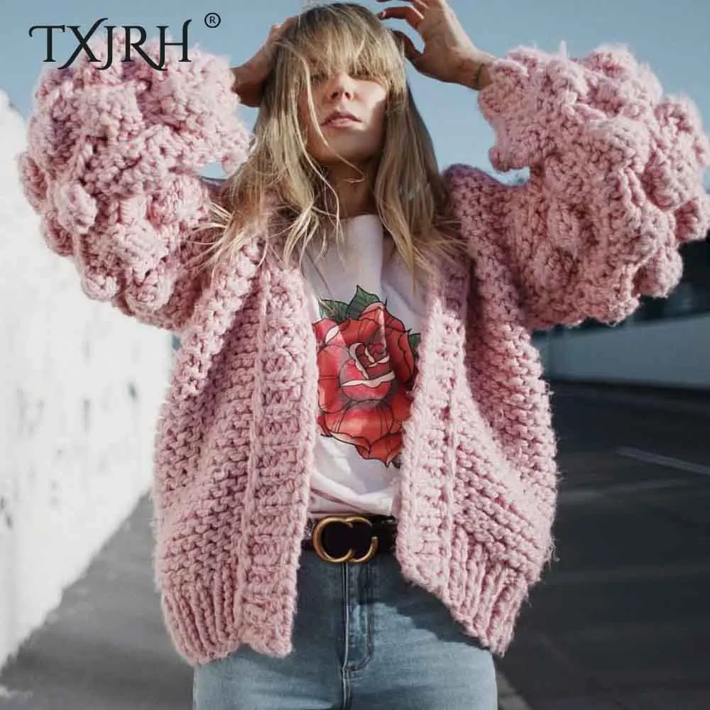 

TXJRH Street Ball Shape Long Lantern Sleeve V-Neck Cardigan Sweater Knitted Knitwear Jumper kleding jerseis mujer femme 5 Colors