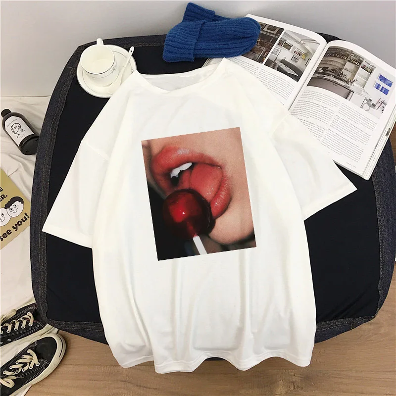 

Summer Casual O-Neck Aesthetics kawaii Retro Sexy Lips Lollipop Personality Harajuku Print Loose Ulzzang Women's Clothing