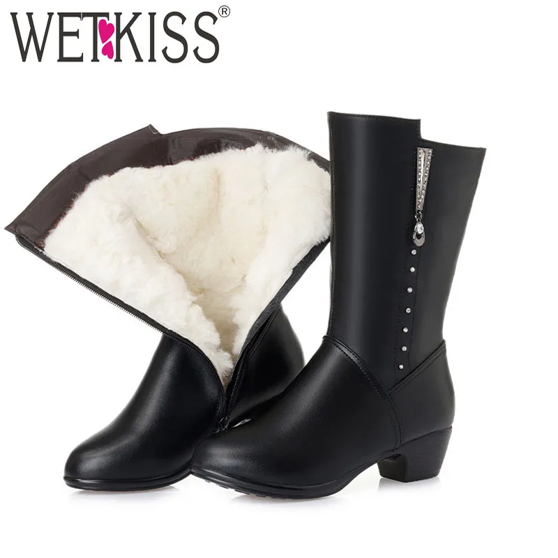 

WETKISS Thick Heels Mid Calf Women Boots Round Toe Crystal Footwea Pu Female Boot Warm Wool Shoes Woman Winter Plus Size 35-43