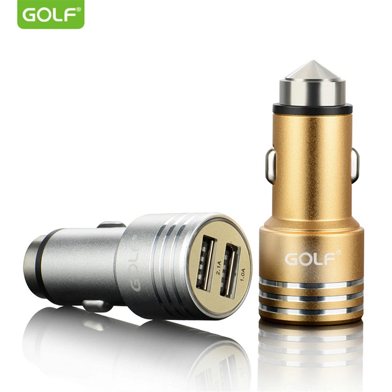 

GOLF Metal Safety Hammer USB Car Charger For iPhone 5 6S 7 8 iPad 4 Samsung LG Phone Smart Dual USB Output Port Charging Adapter