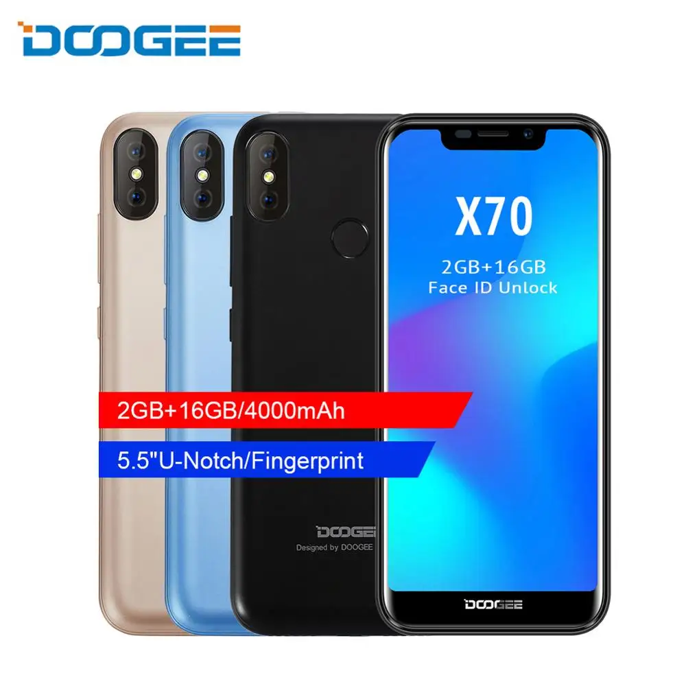 

2018 New DOOGEE X70 2GB RAM 16GB ROM Smartphone Face 5.5'' U-Notch 19:9 MTK6580 Quad Core Dual Camera 8.0MP Android 8.1 4000mAh