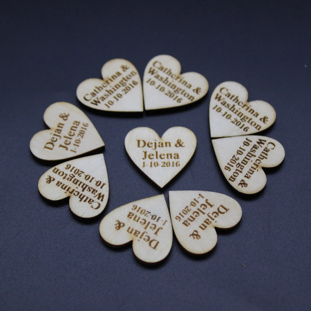 Wooden Wedding Table Cards 60 Pieces Personalized Engraved Wood Hangs Love Heart Centerpieces Wedding Table Decoration Favors Candy Tags