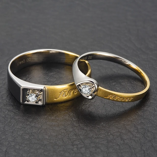 18K Two Tone Gold Diamond Wedding Band Couple Ring Set 0.04+0.07ct
