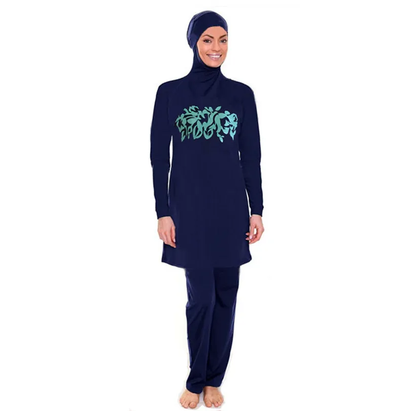 Скромная купальная одежда с принтом; большие размеры; мусульманский купальный костюм; полное покрытие; Мусульманский купальник Hajib; одежда для плавания - Цвет: Синий