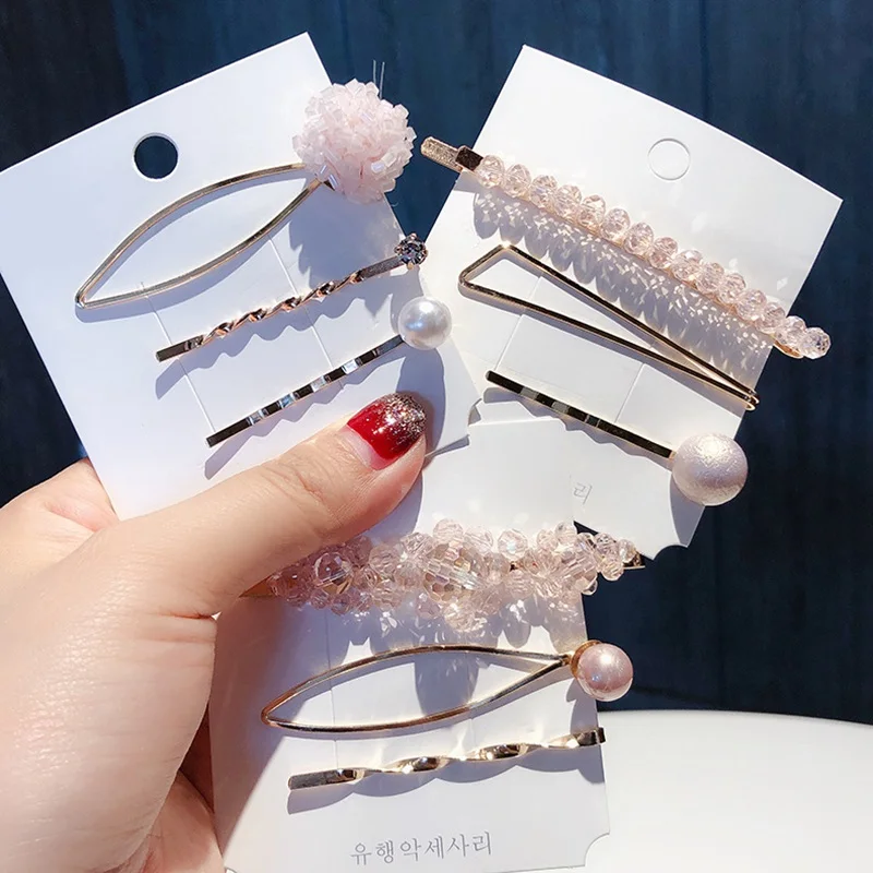 

MENGJIQIAO 2019 Korean Geometric Acrylic Crystal Beads Hairpins Flower Pearl Hair Clips For Girls Women Fashion Tiara 3pcs/lot