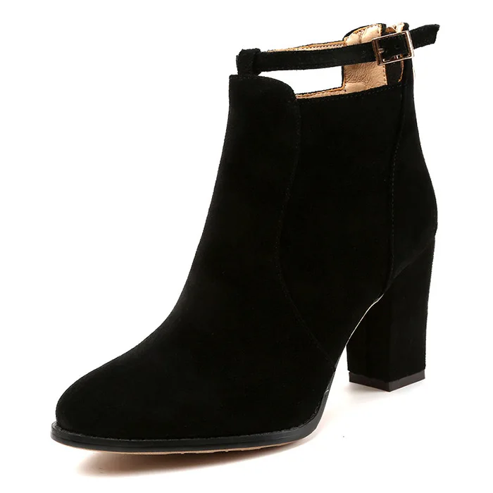 EAGSITY/Замшевые женские ботинки «Челси» в байкерском стиле; короткие ботильоны на квадратном каблуке с круглым носком; модные женские ботинки без застежки; цвет коричневый - Цвет: Черный