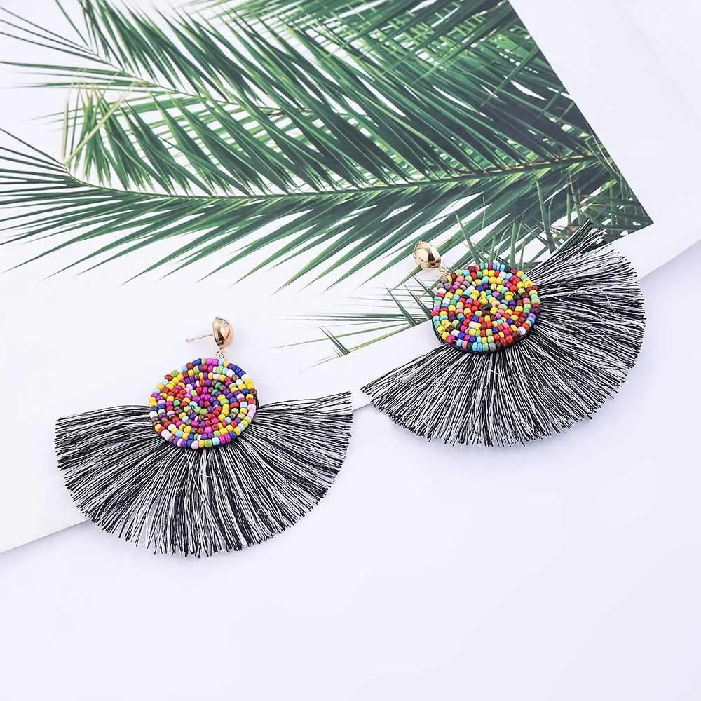 E5746 Trendy Drop Earrings WomenLongBohemianBeadsBeadsBlueSilkBalckDangleMetalBohoGold Tassel Earrings 2018 Jewelry
