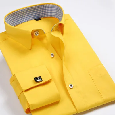 

Pure Color Fashion Personality Casual Formal Long Sleeve Men Dress Shirt With French Cufflinks Yellow Pink Blue Comfort Slim