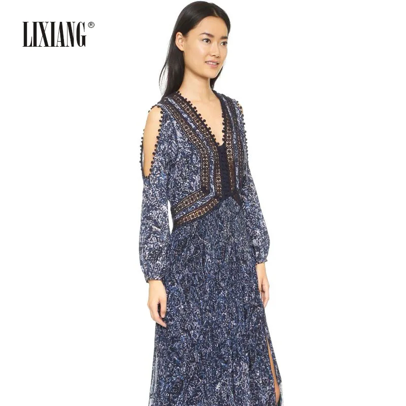 Women's Hollow Lace V Neck Cut Out Shoulder High Waisted Plissee Flowy Swing Maxi Dress