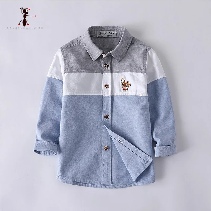 Школьная форма Kung Fu Ant, рубашки с отложным воротником и карманами синего и белого цвета, хлопковая классическая одежда в горошек для мальчиков, 2929