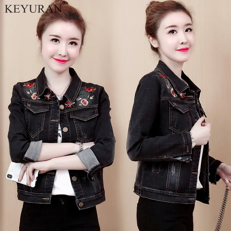 Finest  Women Denim Jacket Real Jaquetas Feminino 2019 New Spring Autumn Female Long Sleeve Flower Embroide