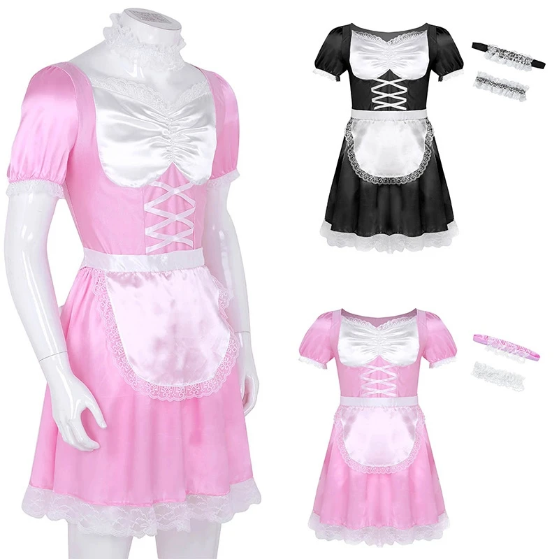 3pcs Mens Sissy Girl Maid Uniform Cosplay Costume Satin Dress Fancy Dress Outfit 