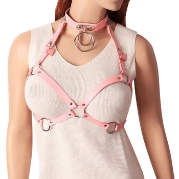 

Pink Leather Steampunk Gothic Harness Bra New Women Strap Tops Belt Metal Ring Hollow Out Lingerie Adjust Cosplay Clothing