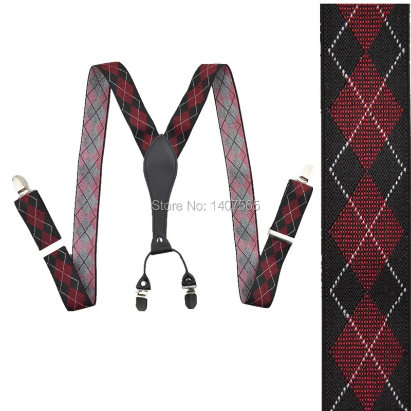 

Adult Braces Unisex Suspenders Adjustable Leather Fitting Four Metal Clip-On red black geometric Striped Wholesale