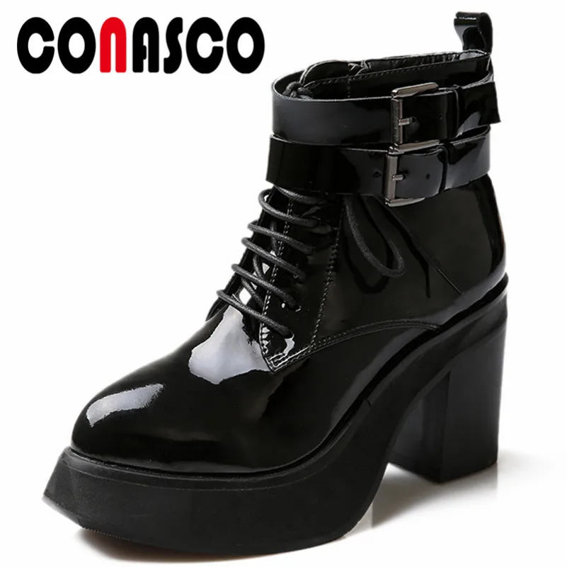

CONASCO Punk Women Genuine Leather High Heels Martin Shoes Woman Buckles Platforms Night Club Party Shoes Ladies Basic Boots