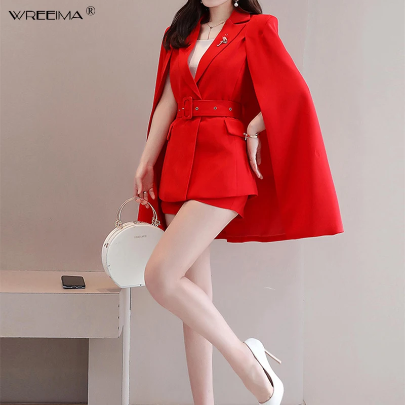 Vrouwen Casual Set Notched Kraag Mantel Blazer en Hoge Taille Korte Broek Fashion Kantoor Outfits Slanke Cape mode Sets 2019 lente Vrouwen Casual Set Notched Kraag Mantel Blazer en Hoge Taille Korte Broek Fashion Kantoor Outfits Slanke Cape mode Sets 2019 lente