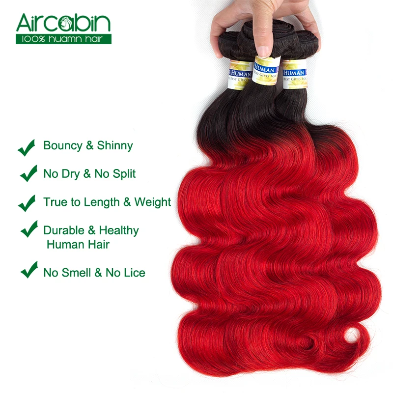 Ombre Peruvian Body Wave 3 Bundles with Closure Pre-Colored T1B/Red Dark Roots Non Remy Human Hair Extensions AirCabin Ombre Peruvian Body Wave 3 Bundles with Closure Pre-Colored T1B/Red Dark Roots Non Remy Human Hair Extensions AirCabin