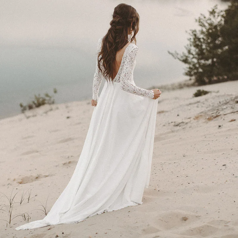 Простые двойные v-образным вырезом с длинным рукавом свадебные платья из шифона пляжное свадебное платье Vestido de Novia Sexy Back Кружева Robe de Mariage