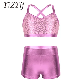 

YiZYiF Girls Shiny Sequins Tank Bra Top Outfit Spaghetti Shoulder Straps Tankini with Bottoms Set for Ballet Dance Gym Workout