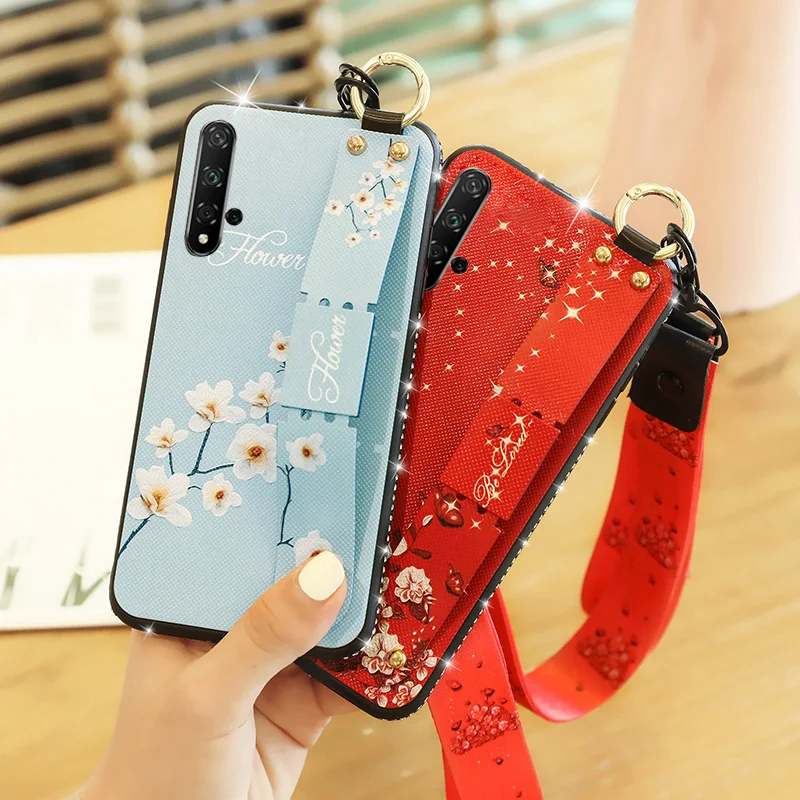 

For Huawei Honor 20 Pro Case Luxury Diamond Bling Fashion Broken Flowers Case For Honor 20 Pro YAL-L41 Wristband Back Cover