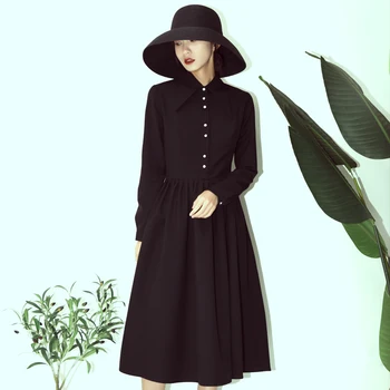 

Vintage 50s60s Gothic Hepburn Style Dress Pointed Autumn/Winter Long Sleeve Lining Black Dress Slim Temperament Party Dress