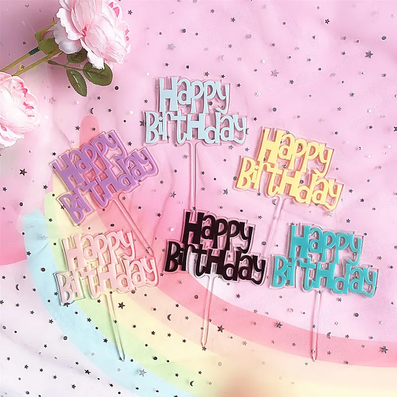 

New Happy Birthday Acrylic Cake Topper Candy Color Double Layer Cupcake Topper For Birthday Party Cake Decorations Baby Shower
