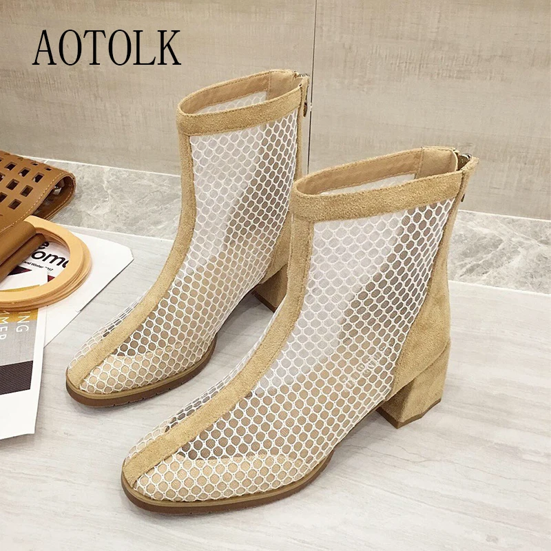 

Women Ankle Boots Brand Female Summer Shoes Zip Mesh Square Heels Women Hollow Boots Casual Shoes 2019 DE