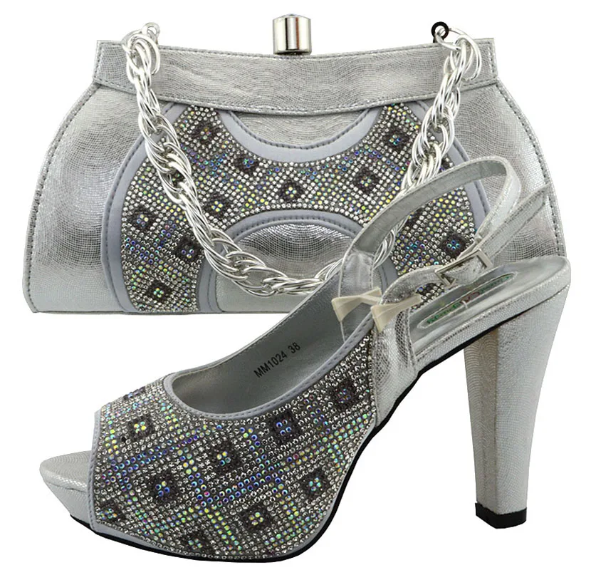 Nigeria Style Ladies Pumps Shoes And Bag Set For Fashion Dress Silver