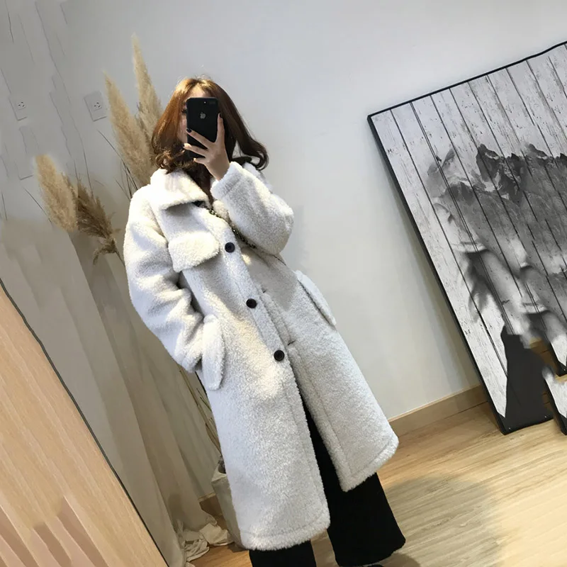 

2018 Winter Leather Sheep Wool Blend Fur Coat Cardigan Slim Plus Size Lamb Wool Outwear Winter Lamb Middle long Fashion Overcoat