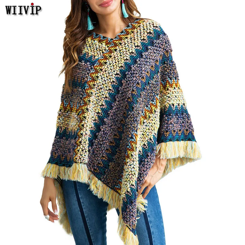 

Women Winter Overcoat Poncho Knitwear Shawl Cape Loose Female Warm Outerwear Cloak Tassel Coat Plus Size 9057