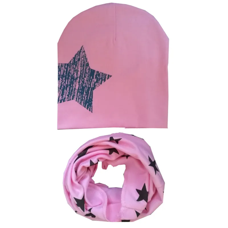 Новинка весны осень-зима детская шапка комплект для мальчиков и девочек весной шеи шарф теплый шарф Детские вязаные шапки комплекты хлопок детская шляпа, шарф - Цвет: pink big star A set