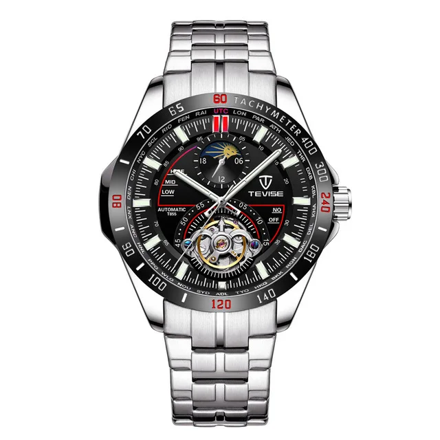 TEVISE Fashion Mens Skeleton Tourbillon Business Stainless steel Watches Men Automatic Mechanical Wristwatch Relogio Masculino - Цвет: black red