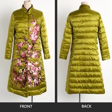 Для женщин зимнее пальто пуховик теплая куртка высокого класса цветочной вышивкой Стенд воротник ветровки Винтаж лягушка пальто коллекция Горячие