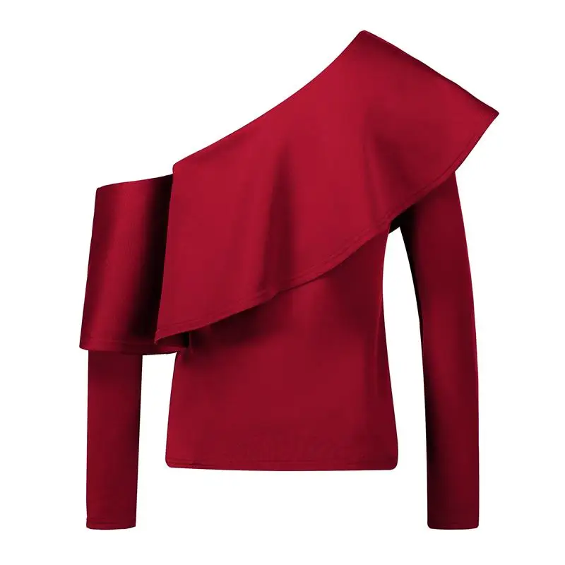 2018-One-Shoulder-Ruffle-Blouses-Shirts-Women-Fashion-Tops-Elegant-Pearls-Beading-Blusas-Long-Sleeves-Club